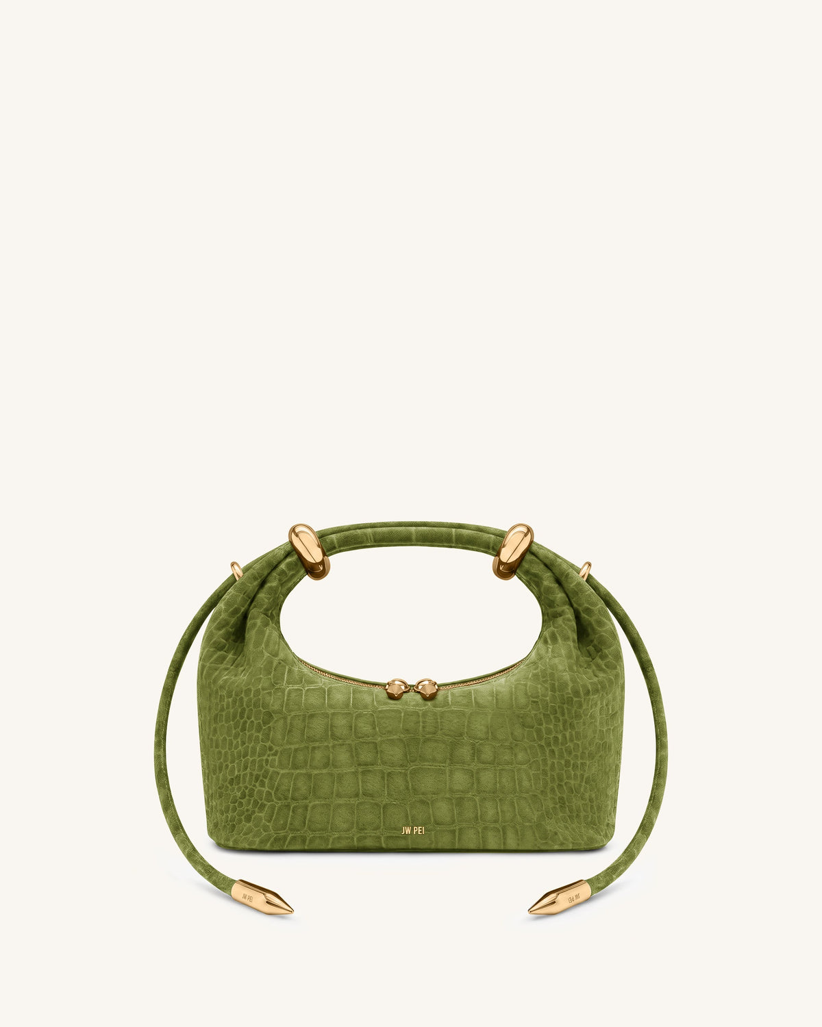 Ellie Faux Suede Metal Ring Embellished Top Handle Bag - Green Croc