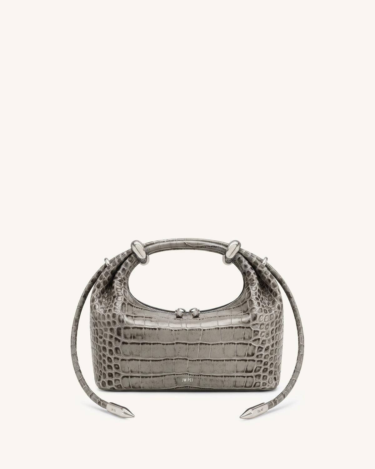 Ellie Metal Ring Embellished Top Handle Bag - Medium Gray Croc