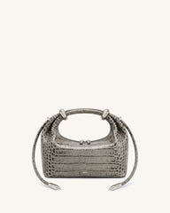 Ellie Metal Ring Embellished Top Handle Bag - Medium Gray Croc