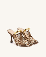 Mireille Pierced Floral Embroidered Appliqué Mesh Mules - Brown