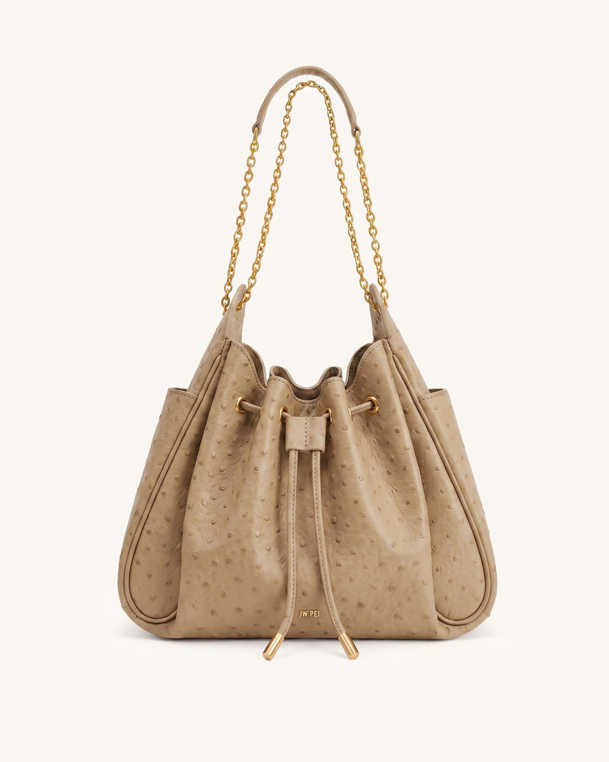 Rowan Faux Ostrich Grain Ruched Drawstring Chain Bucket Bag - Oak Brown