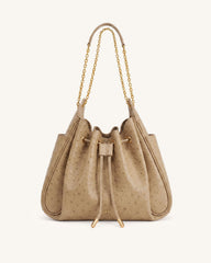 Rowan Faux Ostrich Grain Ruched Drawstring Chain Bucket Bag - Oak Brown