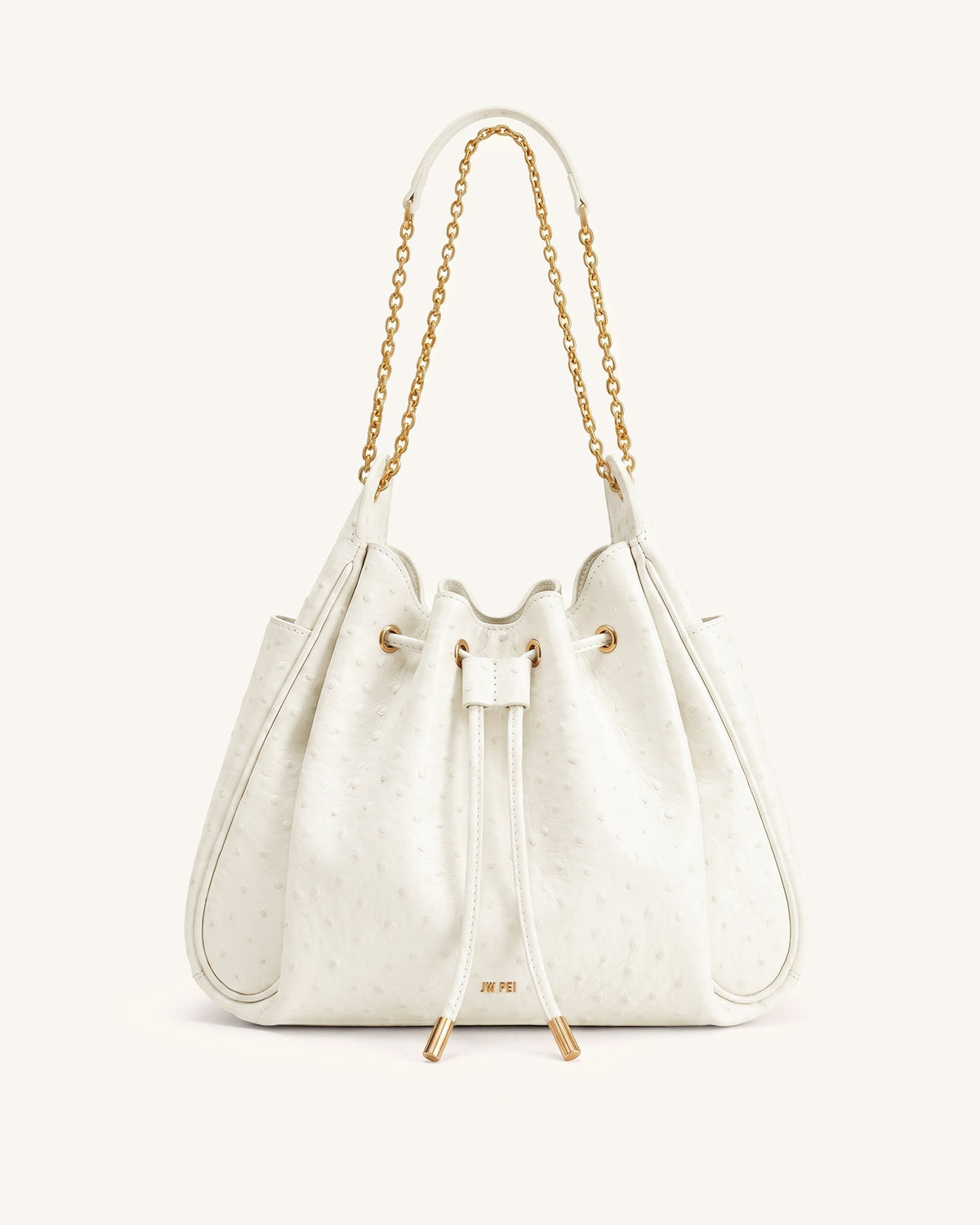 Rowan Faux Ostrich Grain Ruched Drawstring Chain Bucket Bag - Cream White