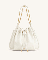 Rowan Faux Ostrich Grain Ruched Drawstring Chain Bucket Bag - Cream White