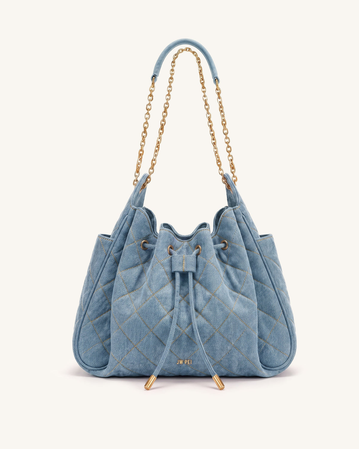 Rowan Ruched Quilting Drawstring Chain Bucket Bag - Blue Denim