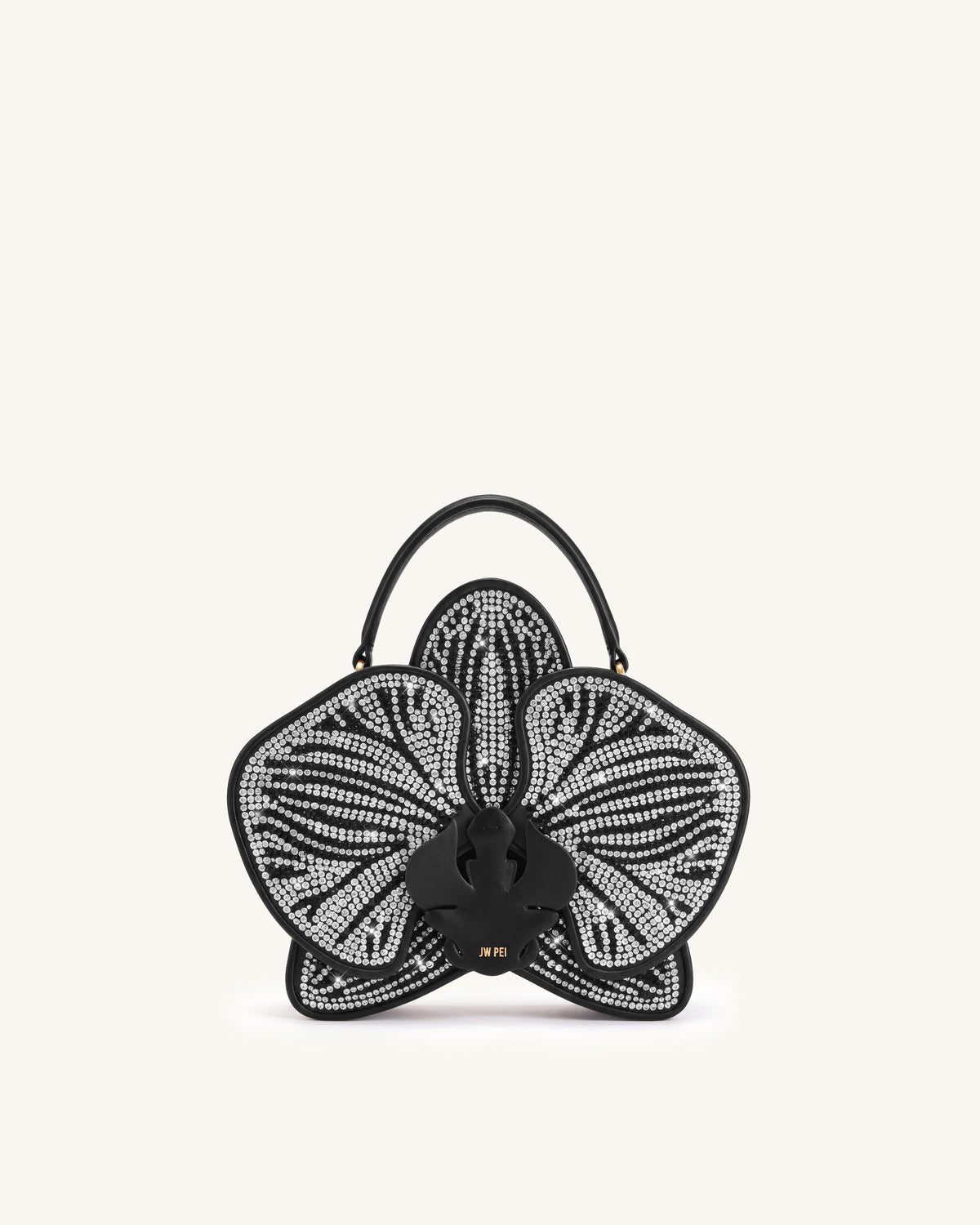Flora Artificial Crystal Orchid Shaped Top Handle Bag - Black White