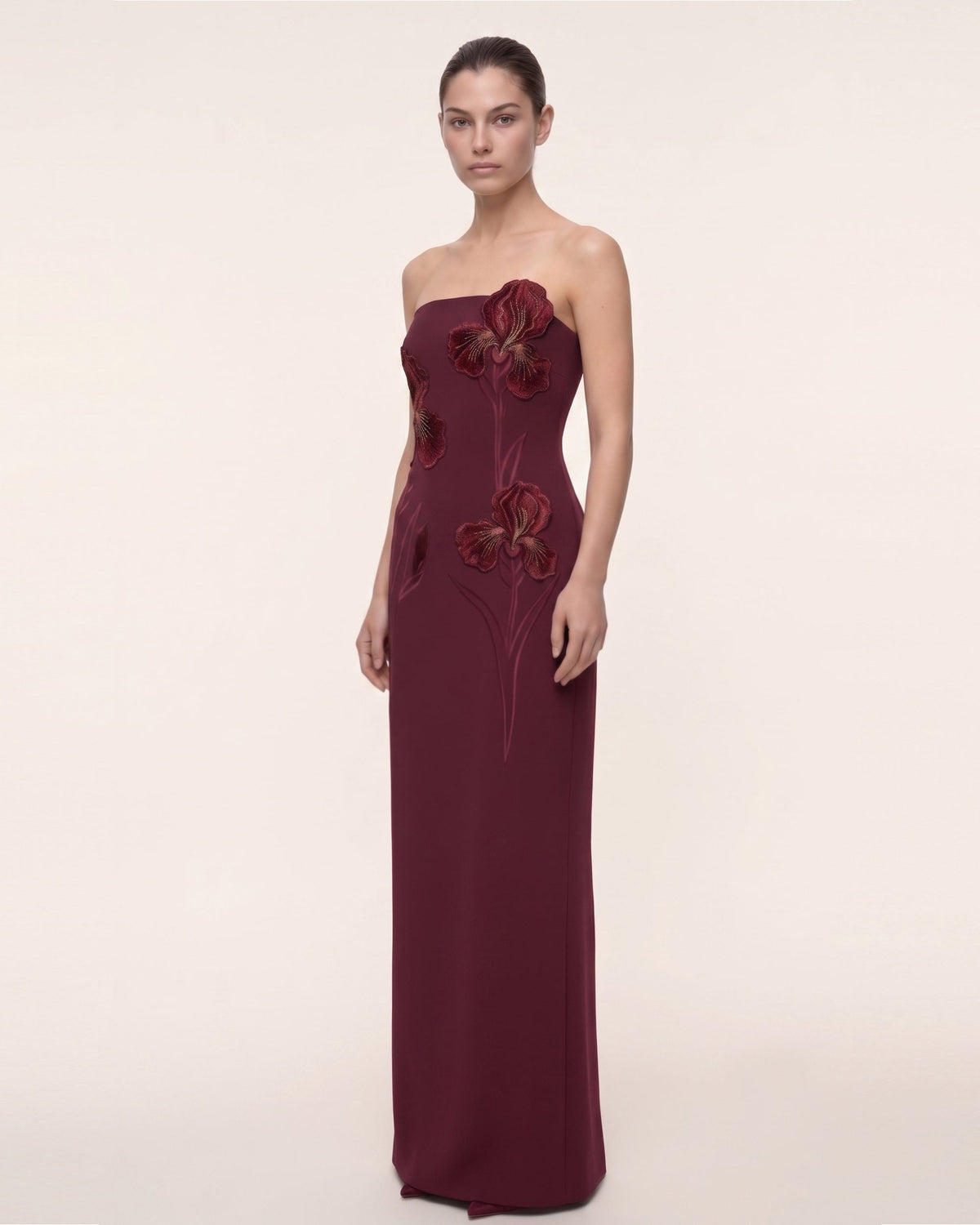 Iris Embroidered Strapless Maxi Dress - Burgundy