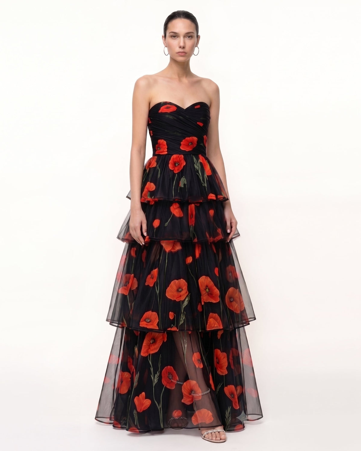 Printed Corn Poppy Tiered Tulle Strapless Maxi Dress - Black
