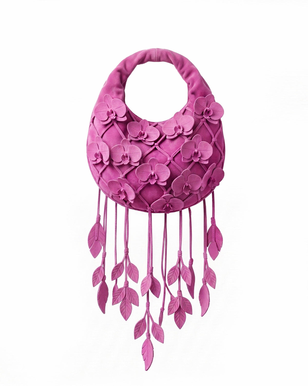 Orchid Appliqué Leaf Tassel Hobo Bag - Fuchsia