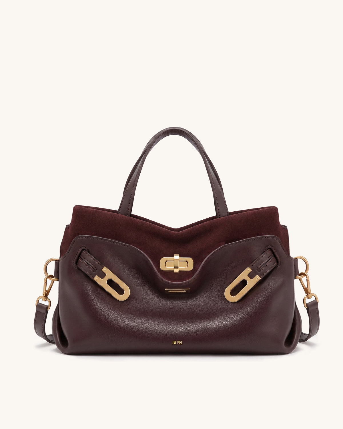 Rhea Double Buckle Faux Suede-Trimmed Tote Bag - Burgundy