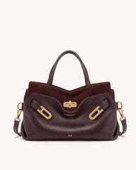 Rhea Double Buckle Faux Suede-Trimmed Tote Bag - Burgundy