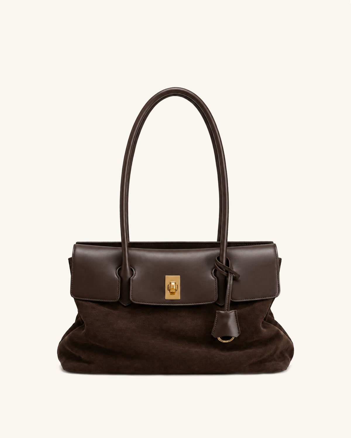 Amelie Faux Suede Turn-Lock Shoulder Bag - Dark Brown