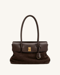 Amelie Faux Suede Turn-Lock Shoulder Bag - Dark Brown