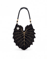 Embroidered Monstera Leaf Shaped Bag - Black