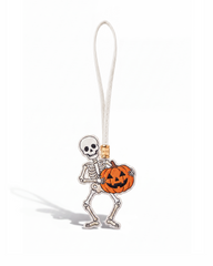 Embroidered Skeleton & Pumpkin Bag Charm - White