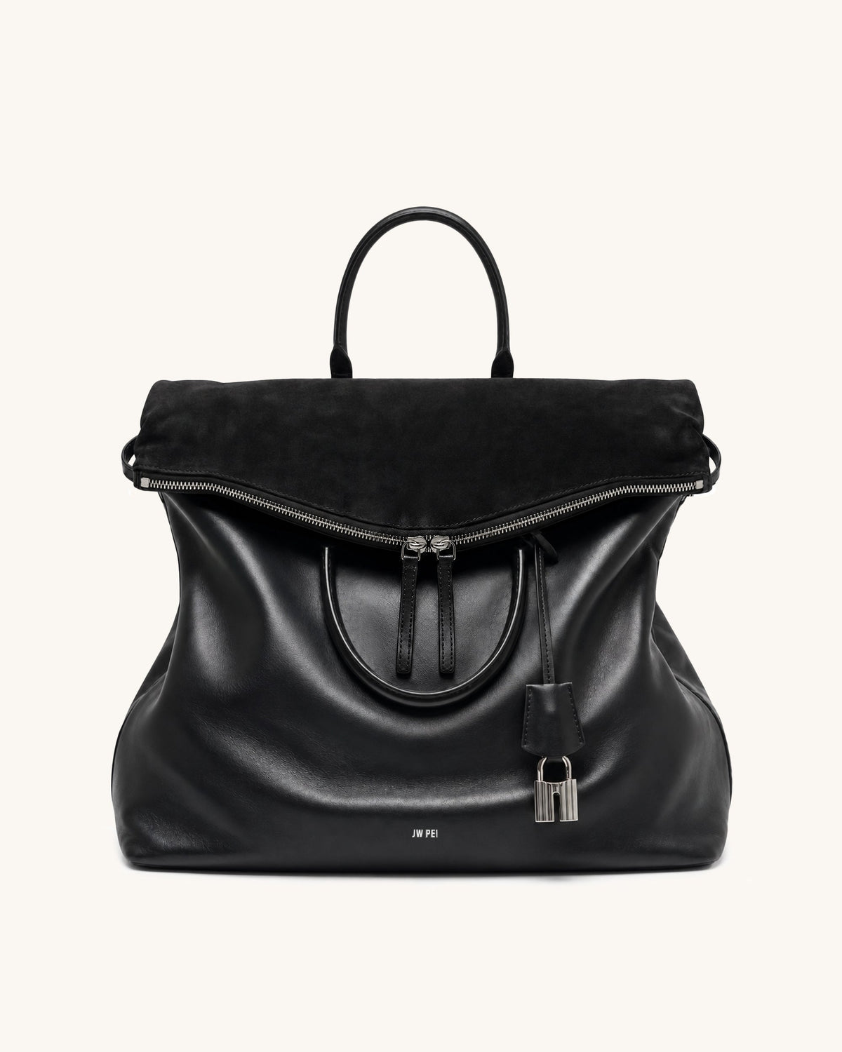 Ines Faux Suede-Trimmed Foldover Tote Bag - Black