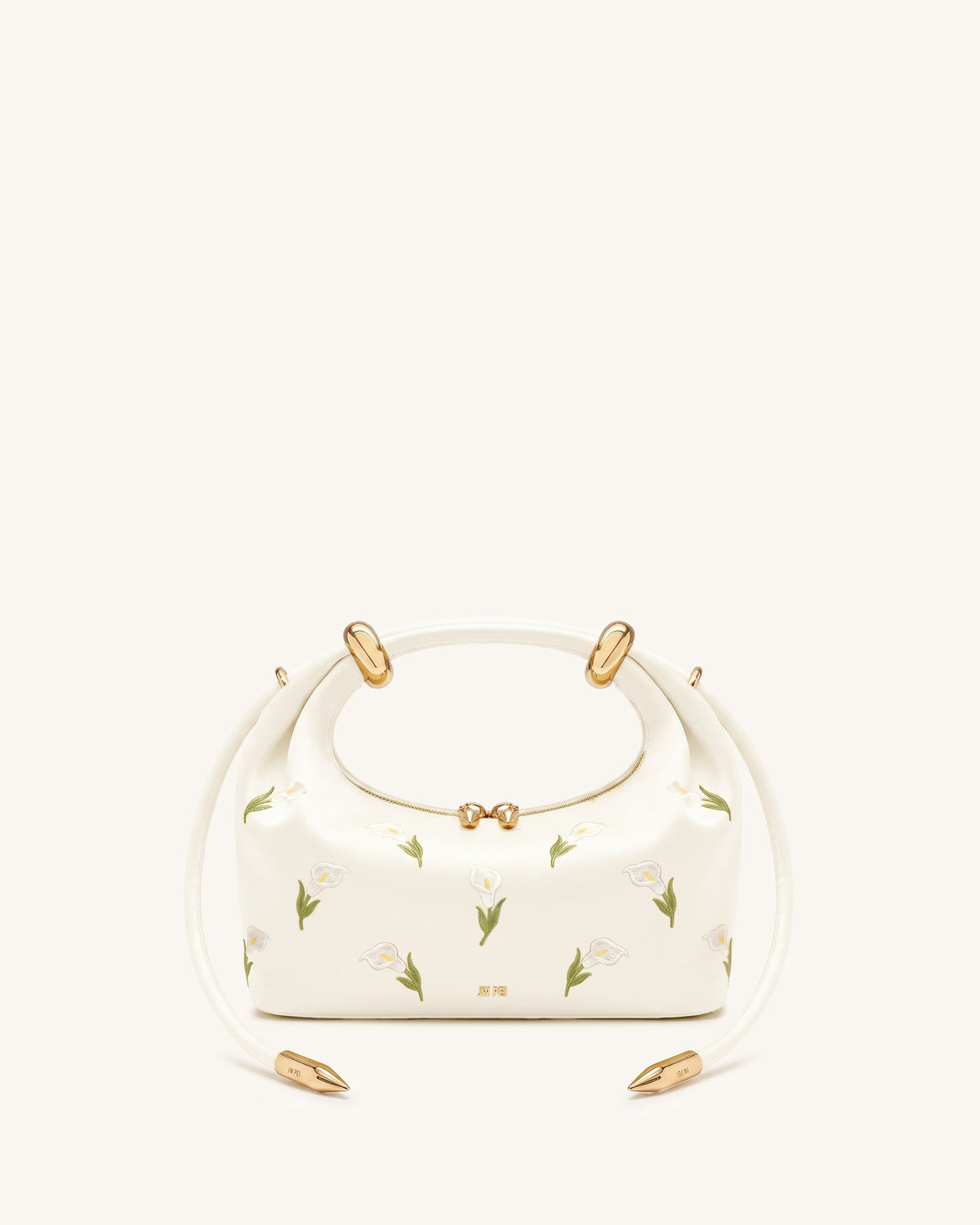 Ellie Satin Finish Embroidered Metal Ring Embellished Top Handle Bag - White
