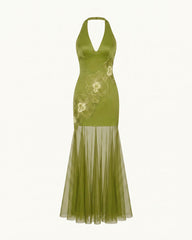 Orchid Embroidered Sheer Hem Halter Maxi Dress - Olive