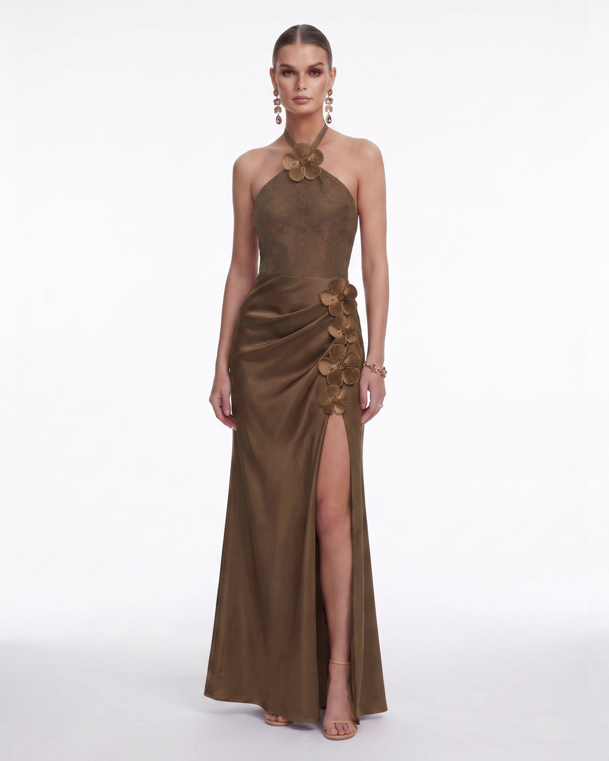 Floral Appliqué Halter Slit Satin Maxi Dress - Brown