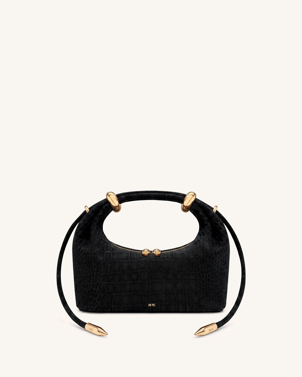 Ellie Faux Suede Metal Ring Embellished Top Handle Bag - Black Croc