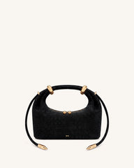 Ellie Faux Suede Metal Ring Embellished Top Handle Bag - Black Croc