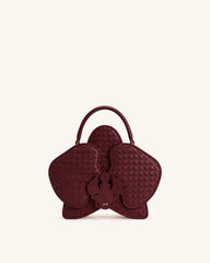 Flora Woven Orchid Shaped Top Handle Bag - Burgundy