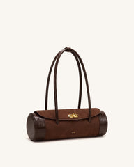 Maelis Faux Suede Croc-Trim Barrel Bag - Dark Brown