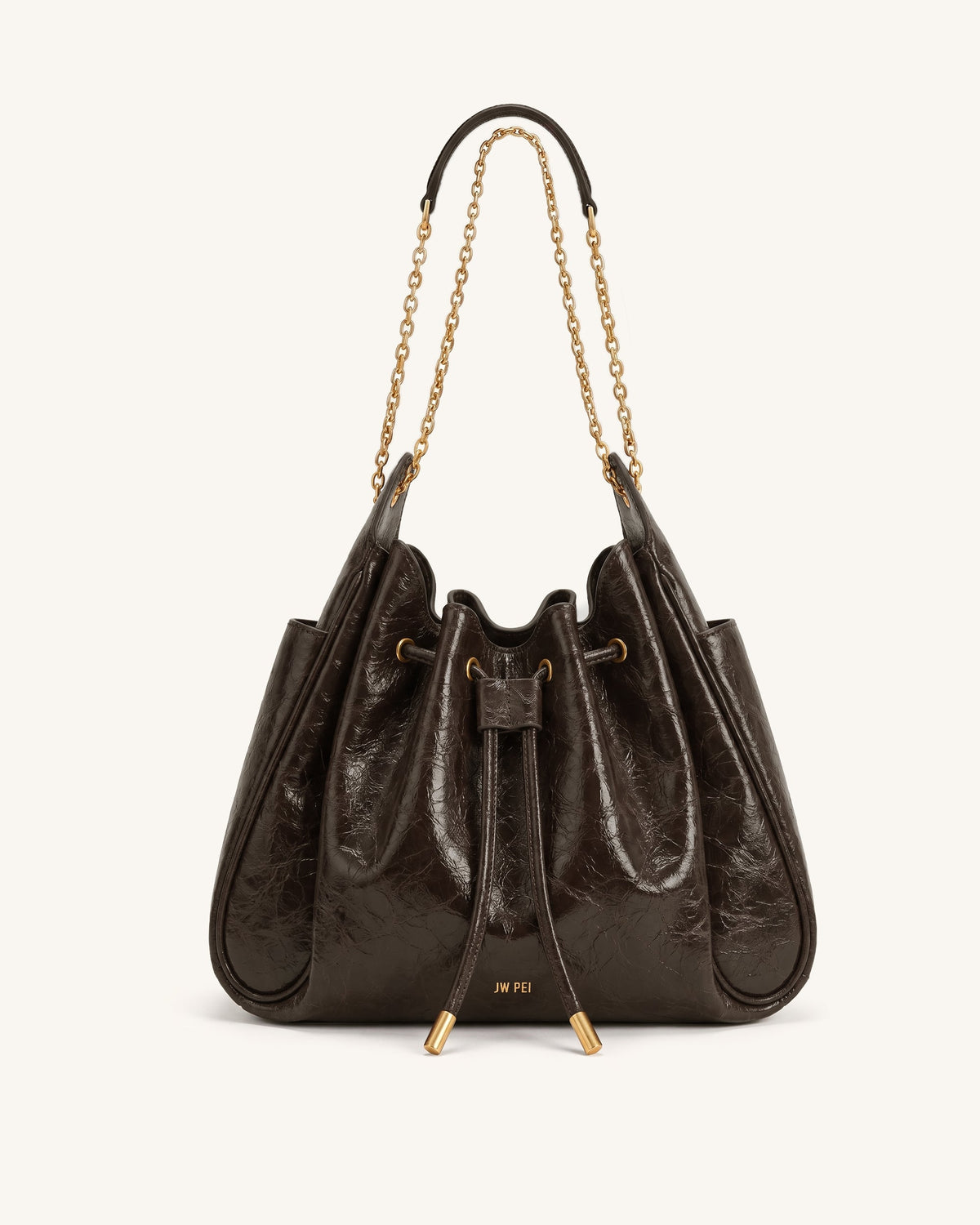 Rowan Ruched Drawstring Chain Bucket Bag - Chestnut Brown