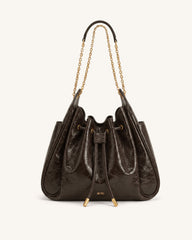 Rowan Ruched Drawstring Chain Bucket Bag - Chestnut Brown