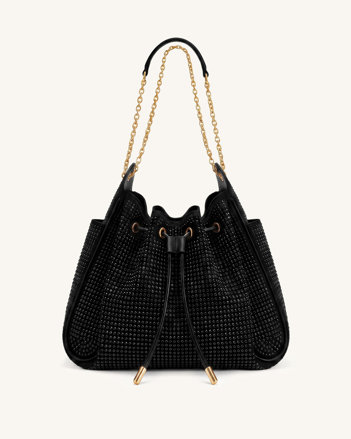 Rowan Artificial Crystal Ruched Drawstring Chain Bucket Bag - Obsidian